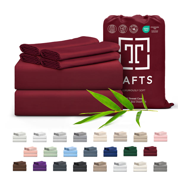 Red bed sheet set with packaging and color swatches on a white background